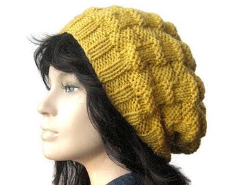 Yellow Slouchy Hat, Brett Hat, Fall Fashion, Vegan Knits, Mustard Hat, Hand Knit Hat, Vegan Hat,Slouchy Beanie, Yellow Hat