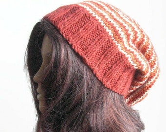 Handknit Slouchy Hat, Striped Hat, Winter Hat, Vegan Knits, Redwood Orange and Beige, Womens Hat, Knit Accessories