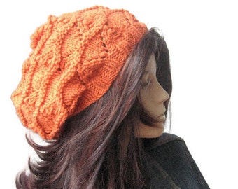 Hand Knit Hat, Pumpin Orange Lace Slouchy Hat, The Beverly Hat, Slouchy Beanie Women, Vegan Knits, Womens Accessories, Orange Knit Hat