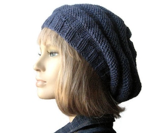 Blue Denim Hand Knit Hat, Beehive Knit Beret, Vegan Hat, Womens Accessories, Denim Slouchy Beanie Hat, Gifts For Her