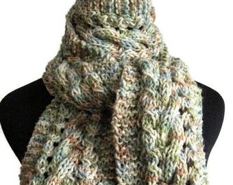 Multicoloured Green/Beige Cable and Lace Scarf, The Stef Scarf, Vegan Knits, Fall Accessories, Knitted Scarf, Winter Scarf