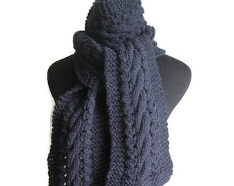 Navy Knit Scarf,  Cable and Lace Scarf, Mens Scarf, Winter Accessories, Dark Blue Scarf, Mens Cable Scarf, Winter Scarf, The Stef Scarf