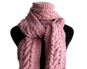 Pale Pink Hand Knit Scarf,Cable and Lace Pink Scarf, Vegan Scarf, Pale Pink Scarf, The Stef Scarf, Womens Scarf, Winter Scarf
