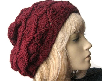 Hand Knit Hat, Burgundy Lace Slouchy Hat, The Beverly Hat, Vegan Knits, Womens Accessories, Burgundy Hat, Womens Hat