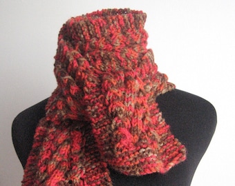 Red, Brown, Beige and Burnt Orange Cable and Lace Scarf, Vegan Scarf, Winter Red Scarf, Knit Scarf, Stef Scarf, Gift For Her, Cabled Scarf