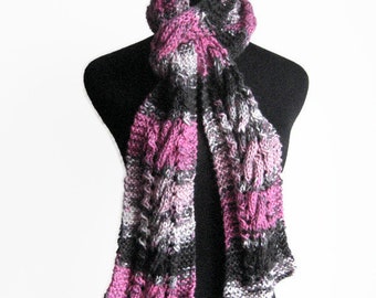 Long Scarf, Hand Knit Scarf, Orchid Grey Black Multicolor Cable and Lace Vegan Scarf, Womens Orchid Scarf,  Pink Grey Black Knit Scarf
