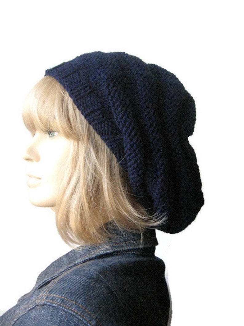 Navy Hand Knit Hat Beehive Beret Vegan Hat Blue Slouchy Etsy