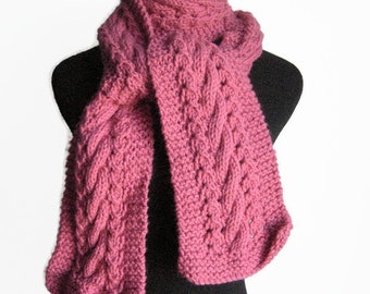 Hand Knit Scarf, The Stef Scarf, Pink Cable and Lace Scarf, Vegan Knits, Womens Accessories, Pink Scarf
