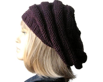 Knit Slouchy Beanie,Mulberry Hand Knit Hat Beehive Beret, Vegan Hat Knitted Hat, Dark Purple Knit Beret Winter Hat