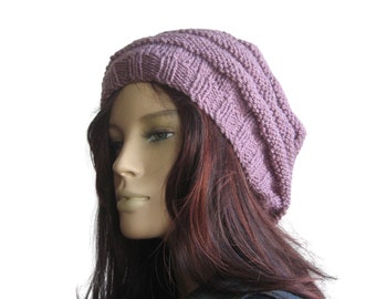 Knit Slouchy Beanie, Purple Hand Knit Hat, Purple Hat, Beehive Beret, Vegan Hat, Knitted Hat, Mauve Knit Beret, Winter Hat