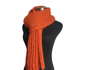 Orange Scarf, Gifts For Her, Cozy Knits, Winter Scarf, Orange Knit Scarf, Knit Long Scarf, Vegan Knits, Womens Scarf, Orange Accessories