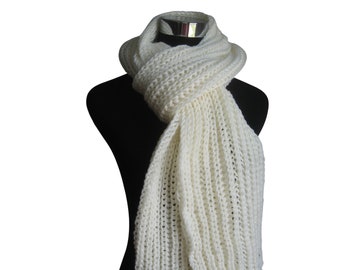 Off White Scarf, Gifts For Her, Cozy Knits, Winter Scarf, Off White Knit Scarf, Knit Long Scarf, Vegan Knits, Womens Scarf