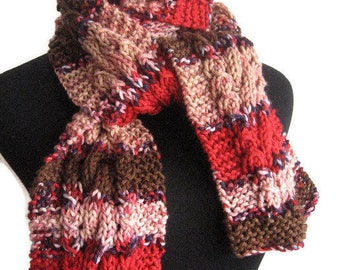 Hand Knit Scarf Peach,Navy,Brown and Red Cable and Lace Scarf, The Stef Scarf, Womens Accessories Red Knitted Scarf Fall Fashion Accessories