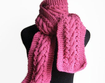 Hand Knit Scarf, Pink Cable and Lace Scarf, Vegan Knits, Cold Weather Accessories, The Stef Scarf, Winter Scarf, Pink Scarf