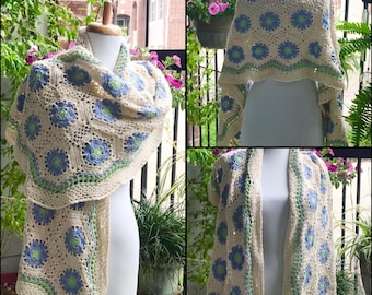 Ladies Elegant Shawl, Floral Shawl, Cotton Shawl, Cream & Blue Shawl, Ladies Spring Shawl, Ladies Summer Shawl, Wedding Shawl