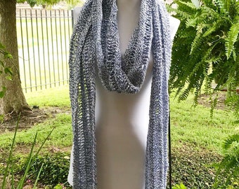 Navy & White Scarf, Ladies Warm Scarf, Long Knit Scarf, Denim Winter Scarf, Ladies Blue Scarf, Denim Blue Scarf, Blue Accent Scarf