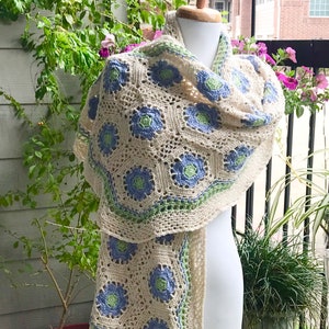 Ladies Elegant Shawl, Floral Shawl, Cotton Shawl, Cream & Blue Shawl, Ladies Spring Shawl, Ladies Summer Shawl, Wedding Shawl