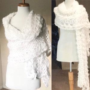 Stitchesbyjulie, White Bridal Shawl, White lacy Shawl, Dressy White Shawl, White Wedding Shawl, Fluffy White Shawl, Elegant Shawl