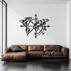 World Map Metal Wall Art – Geometric Compass Design – Modern Black Metal Wall Decor for Living Rooms and Offices