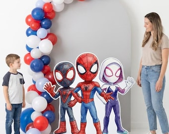 Spidey-festutklipp, spindelfödelsedagsdekorationer, superhjältefestbakgrund, ballonggirlangfestdekor, Spidey och hans vänner-stående