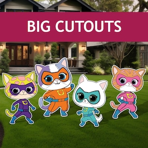 Grandes découpes super chatons, copain chat, Ginny, centres de décoration d'anniversaire chat Sparks super héros, voyageur debout, accessoire, plaque de jardin plaque de pelouse