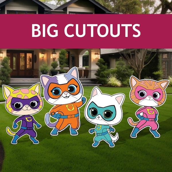 Super Kitties Big Cutouts, Buddy Cat, Ginny Cat, Sparks Cat Superheld Geburtstagsdekoration, Aufsteller, Requisite, Yard Sign Rasenschild