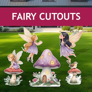 Grandes découpes de fée des jardins violette, ensemble de décoration premier anniversaire fée toile de fond pour baby shower, accessoires pour stand up, aquarelle fées enseigne de jardin enseigne de pelouse