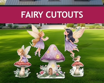 May include: A set of five fairy cutouts, including three fairies, a mushroom house, and a bird perched on a mushroom. The fairies are wearing purple dresses and have wings. The mushroom house has a purple and white cap with a small door. The bird is brown and white.