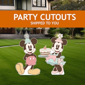 May include: Two cartoon characters, Mickey Mouse and Minnie Mouse, dressed in party attire. Mickey is wearing a blue and white party hat and Minnie is wearing a pink and white dress and hat. They are holding a cake with a cherry on top. The text "PARTY CUTOUTS SHIPPED TO YOU" is displayed above the characters.