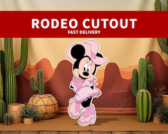 Puede incluir: Un recorte rosa de un personaje de dibujos animados con sombrero y botas de vaquero, con el texto "RODEO CUTOUT" arriba y "FAST DELIVERY" abajo. El fondo presenta cactus y un paisaje desértico.