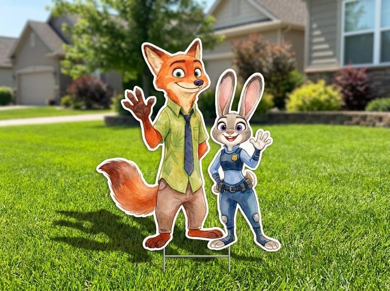K&ouml;nnte beinhalten: Gartendekoration mit den Zeichentrickfiguren Nick Wilde, einem Fuchs, und Judy Hopps, einem Kaninchen. Nick tr&auml;gt ein gr&uuml;nes Hemd, eine Krawatte und eine braune Hose. Judy ist in Polizeiuniform. Beide winken.