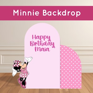 Toile de fond Minnie Mouse, décoration de fête sur le thème d'anniversaire Minnie, rose pâle, motif à pois Minnie, articles de fête Minnie, panneau en coroplast