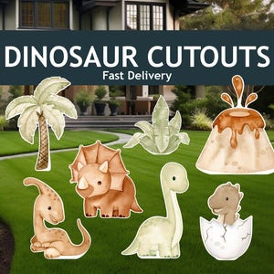 Grandes découpes de dinosaures aquarelles mignons, décoration de fête d'anniversaire, enseigne de jardin, enseigne de pelouse, accessoire de stand up, haute résolution, toile de fond dinosaure, décoration dinosaure