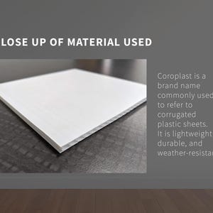 May include: Close-up of a white Coroplast sheet, a brand name for corrugated plastic sheets. The text states it is lightweight, durable, and weather-resistant. The image is a close-up of the material.