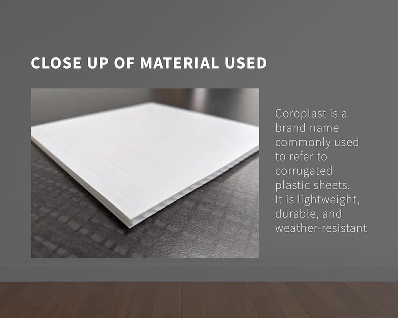 May include: Close-up of a white Coroplast sheet, a brand name for corrugated plastic sheets. The text states it is lightweight, durable, and weather-resistant. The image is a close-up of the material.