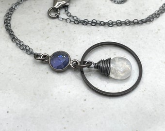 Necklace with an Oxidized Brass Loop, Bezel Set Iolite and Wire Wrapped Moonstone on an Oxidized, Sterling Silver Cable Chain CDN-844