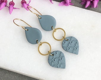 Earrings made with Textured, Blue Gray Polymer Clay Teardrops, Brass Loops and 14k Gold Filled Earring Wires PCE-128