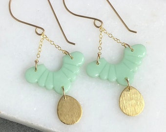 Earrings made with Dark Mint Polymer Clay Petals, Brass Teardrops, 14k Gold Filled Chain and 14k Gold Filled Earring Wires PCE-194