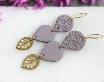 Earrings made with Textured, Mauve Polymer Clay Teardrops, Brass Leaves and 14k Gold Filled Earring Wires PCE-116