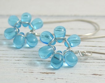 Earrings with Tiny Aqua Blue Glass Teardrop Flowers on Large French Earring Wires FE-32