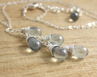 Necklace with a Cascade of Blue Luster Glass Teardrops on a Sterling Silver Chain CDN-695