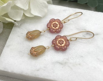 Earrings Made with 14k Gold Filled Wire with Pink and Gold Flower Beads and Cream and Gold Czech Glass Flower Beads GHE-144