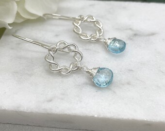 Earrings with Twisted, Sterling Silver Loops and Wrapped Blue Topaz Teardrops on Sterling Silver Earring Wires CHE-465