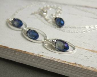 Necklace with London Blue Crystal Teardrops in Sterling Silver Ovals and a Sterling Silver Cable Chain CDN-781