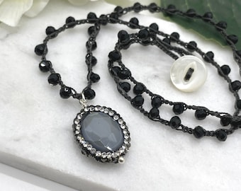 Crocheted Necklace with a Dark Gray Cord, Black Crystal Beads and a Pendant with a Gray Crystal Bead and Rhinestones SN-606