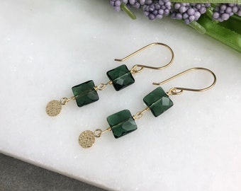 Earrings with Square, Green Amethyst Beads and Pebbled, Gold Discs Wire Wrapped with 14k Gold-Filled Wire GCE-31