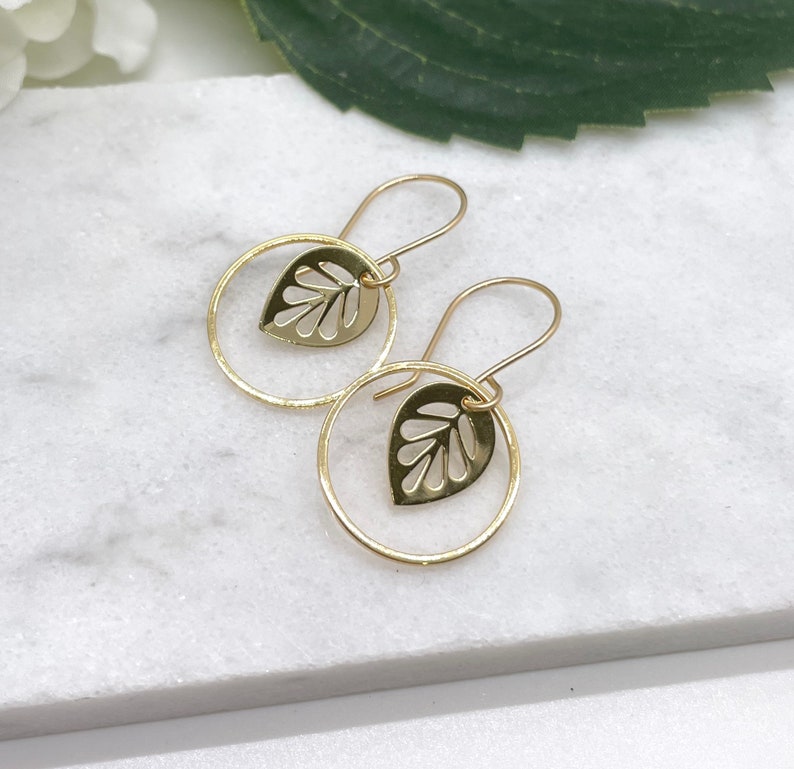 Earrings with Gold Plated Leaves and Gold Plated Loops on 14k Gold-Filled Earring Wires GCHE-56 image 7