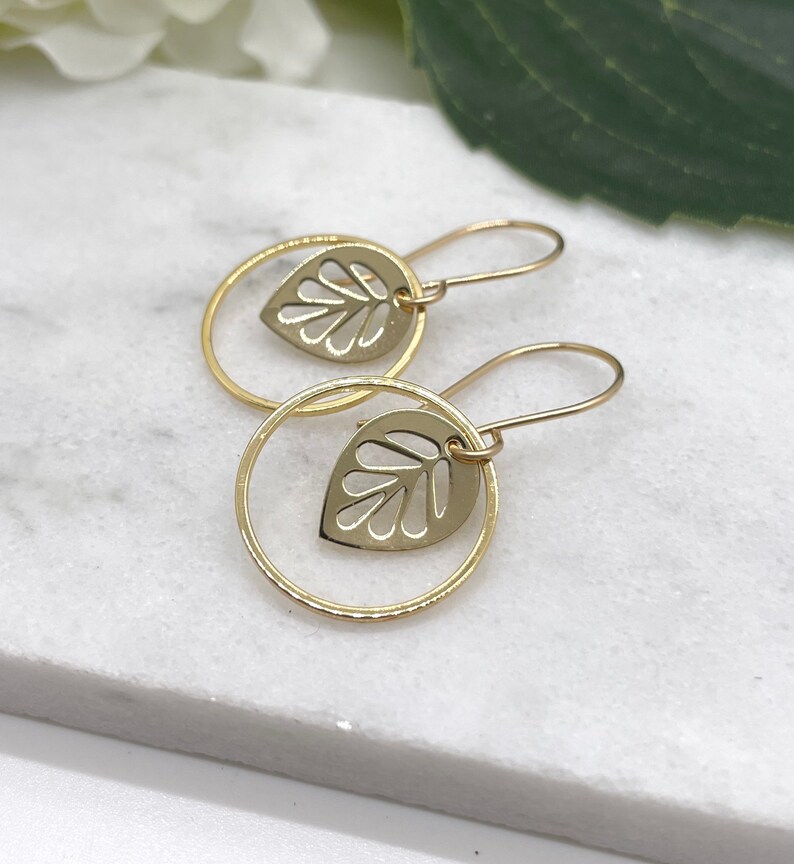 Earrings with Gold Plated Leaves and Gold Plated Loops on 14k Gold-Filled Earring Wires GCHE-56 image 1