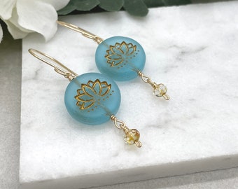 Earrings with Blue and Gold, Czech Glass Beads with Lotus Flowers and Czech Glass Rondelles Wire Wrapped with Gold Filled Wire GHE-148