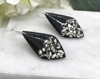 Earrings made with Black Polymer Clay Diamond Teardrops with Silver Glass Gllitter and Resin Detail on Sterling Silver Earring Wires PCE-523